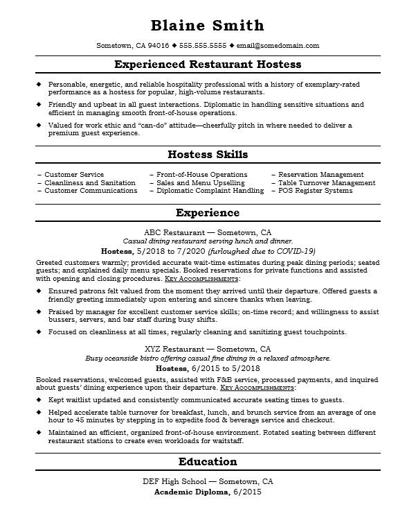 Hostess Job Description For Resume