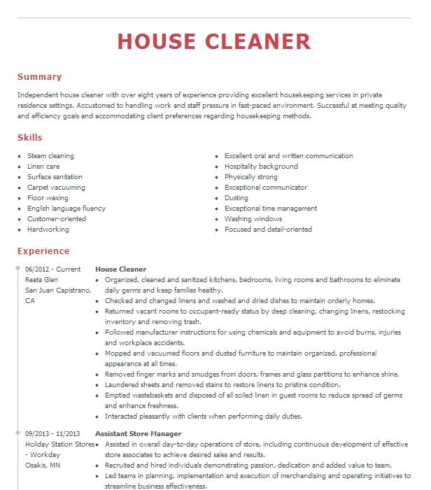 House Cleaner Resume Example Self Employed