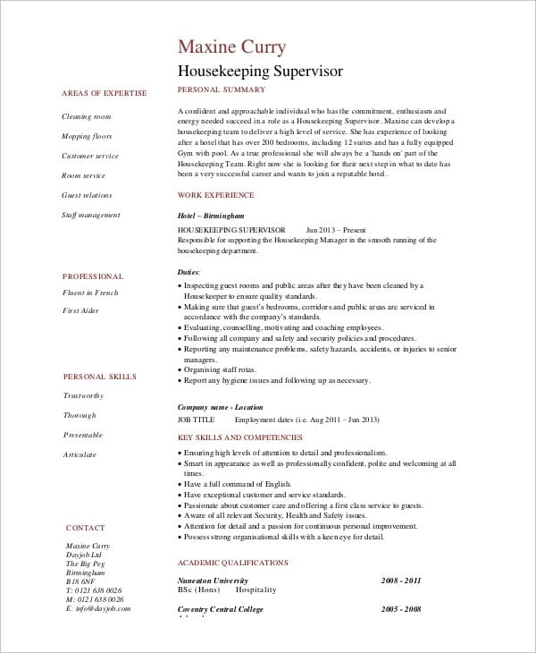 Housekeeping Manager Resume Sample