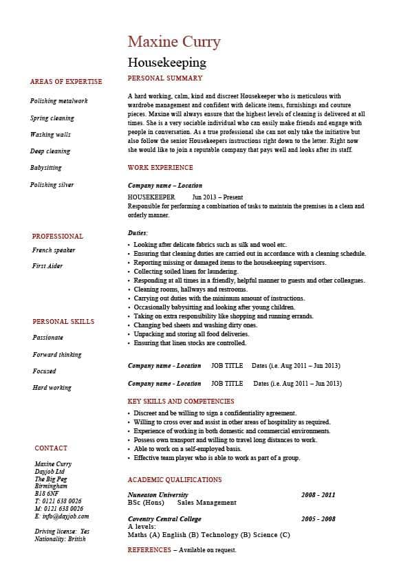 Housekeeping resume, cleaning, sample, templates, job description ...