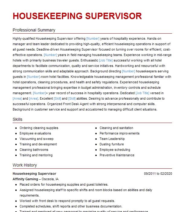 Housekeeping Supervisor Resume Example Courtyard By Marriott