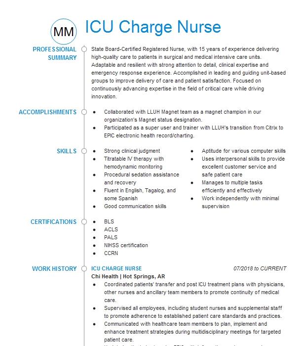 ICU Charge Nurse Resume Example Loma Linda University Medical Center ...