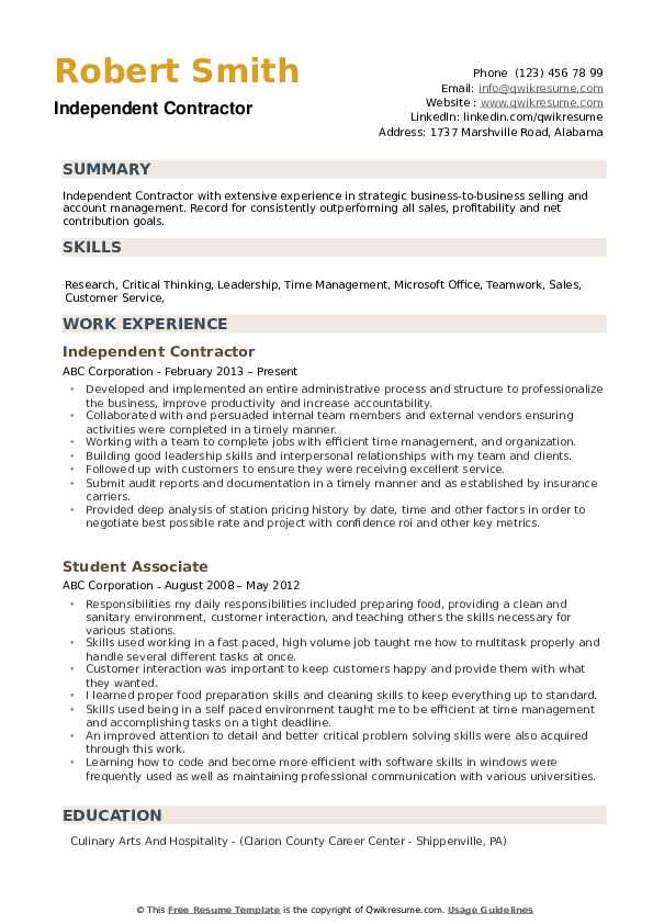 Independent Contractor Resume Samples