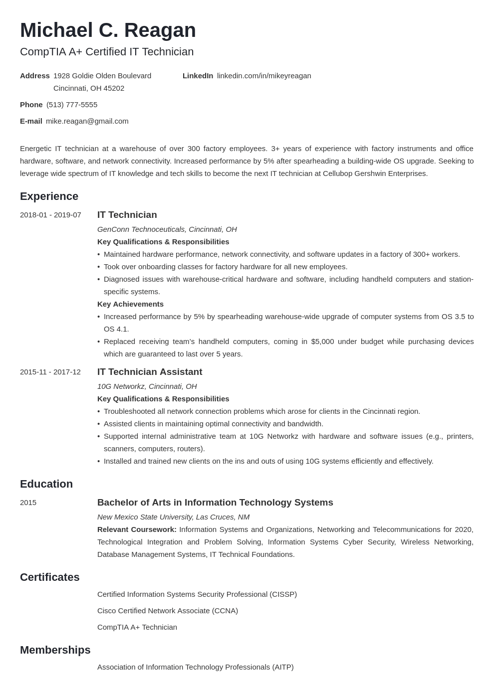 IT Technician Resume Example &  Guide (10+ Tips)