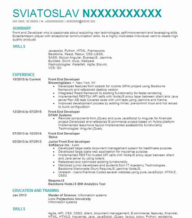 Junior Front End Developer Resume Example Company Name