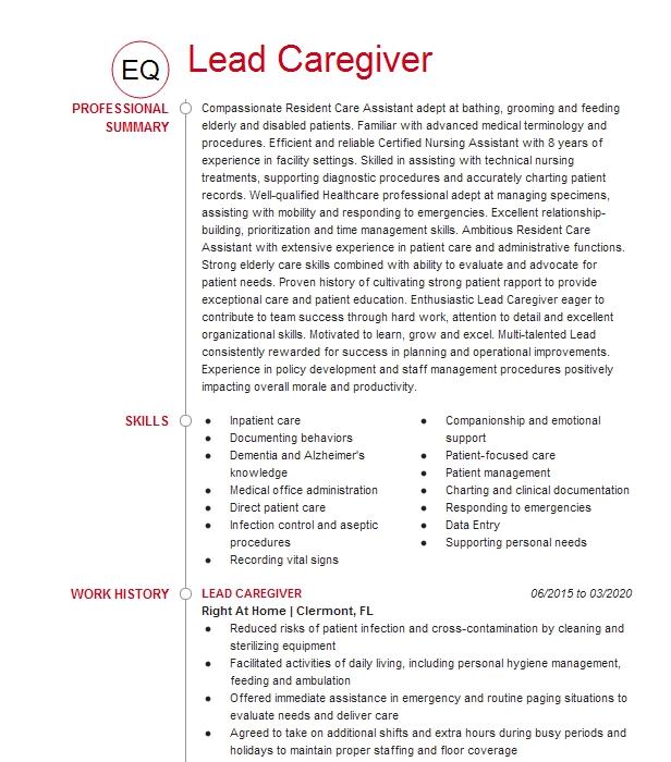 Lead Caregiver Resume Example The Peaks