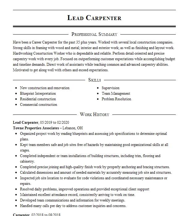 Lead Carpenter Resume Example Alexander Construction Inc.