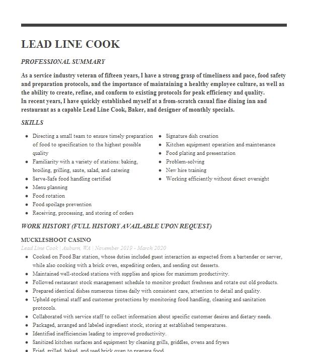 Lead Line Cook Resume Sample