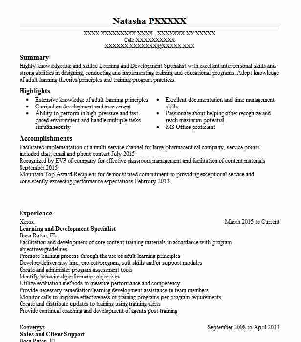 Learning And Development Specialist Resume Sample