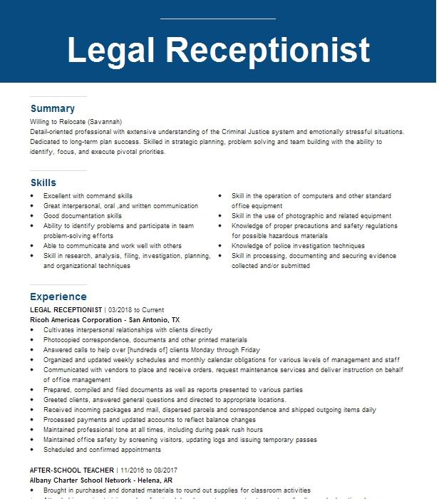 Legal Receptionist Resume Sample / Receptionist Job Description Salary ...
