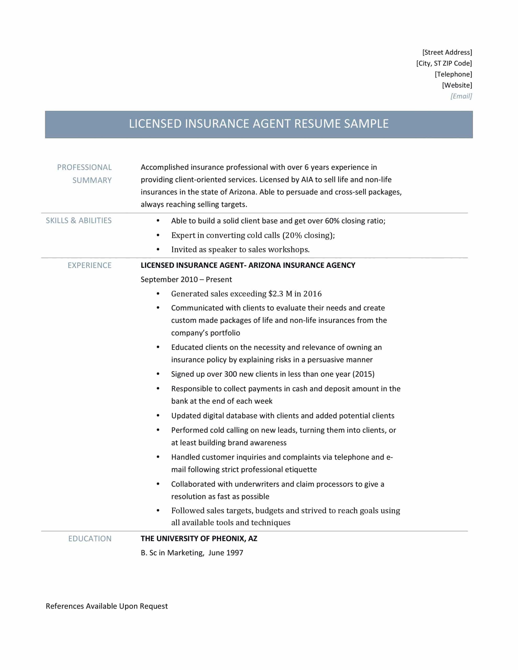 Licensed Insurance Agent Resume Samples and Job Description