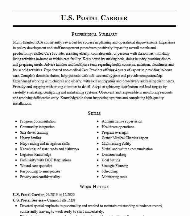 Mail Carrier (US Postal Service) Resume Example E.N ...