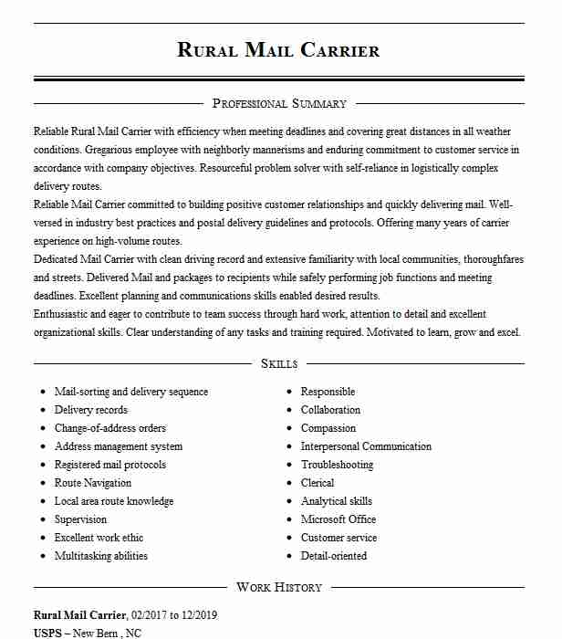 Mail Carrier/Rural Carrier Associate Resume Example United ...