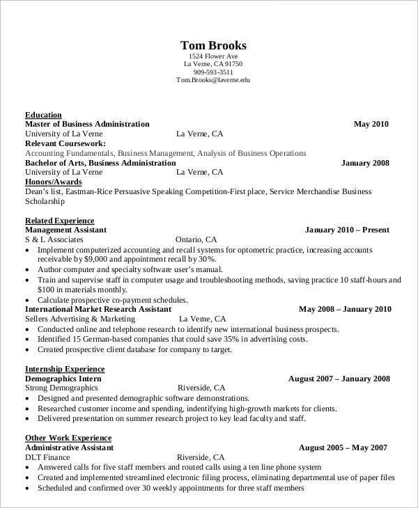 Masters In Business Administration Resume