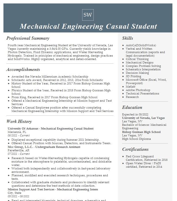 Mechanical Engineering Student Resume Example Company Name