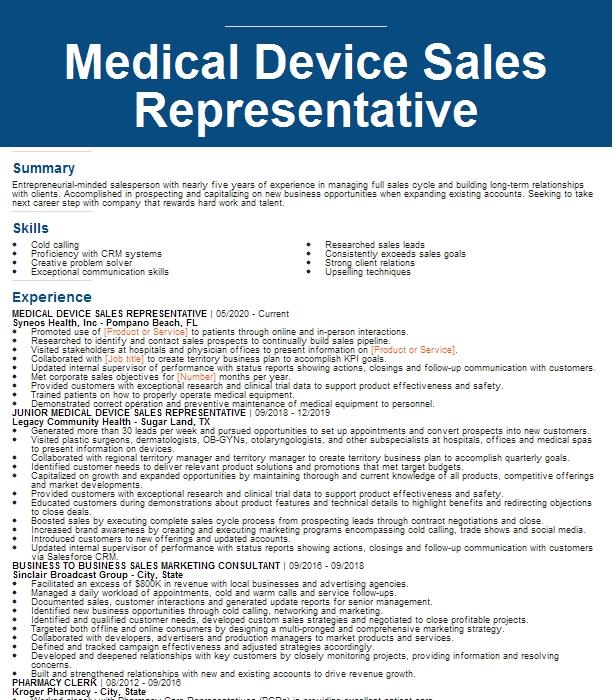 MEDICAL EQUIPMENT SALES REPRESENTATIVE Resume Example Company Name ...
