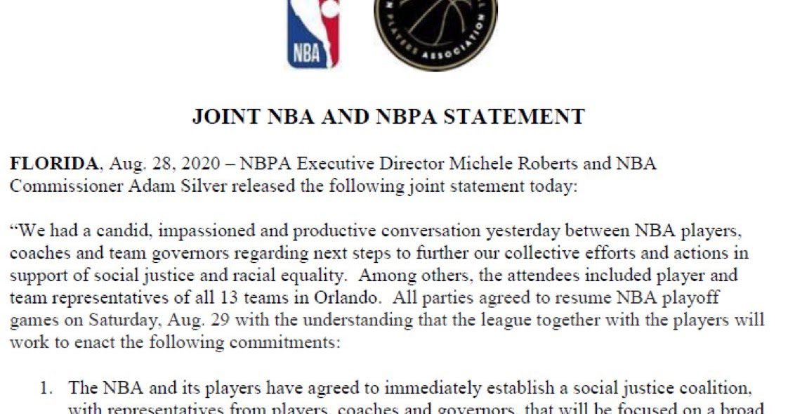 NBA playoffs resume tomorrow...The NBA promises to join the players ...