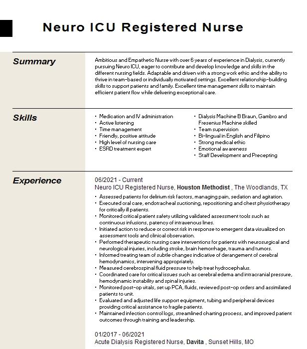Neuro ICU Registered Nurse Resume Example Company Name