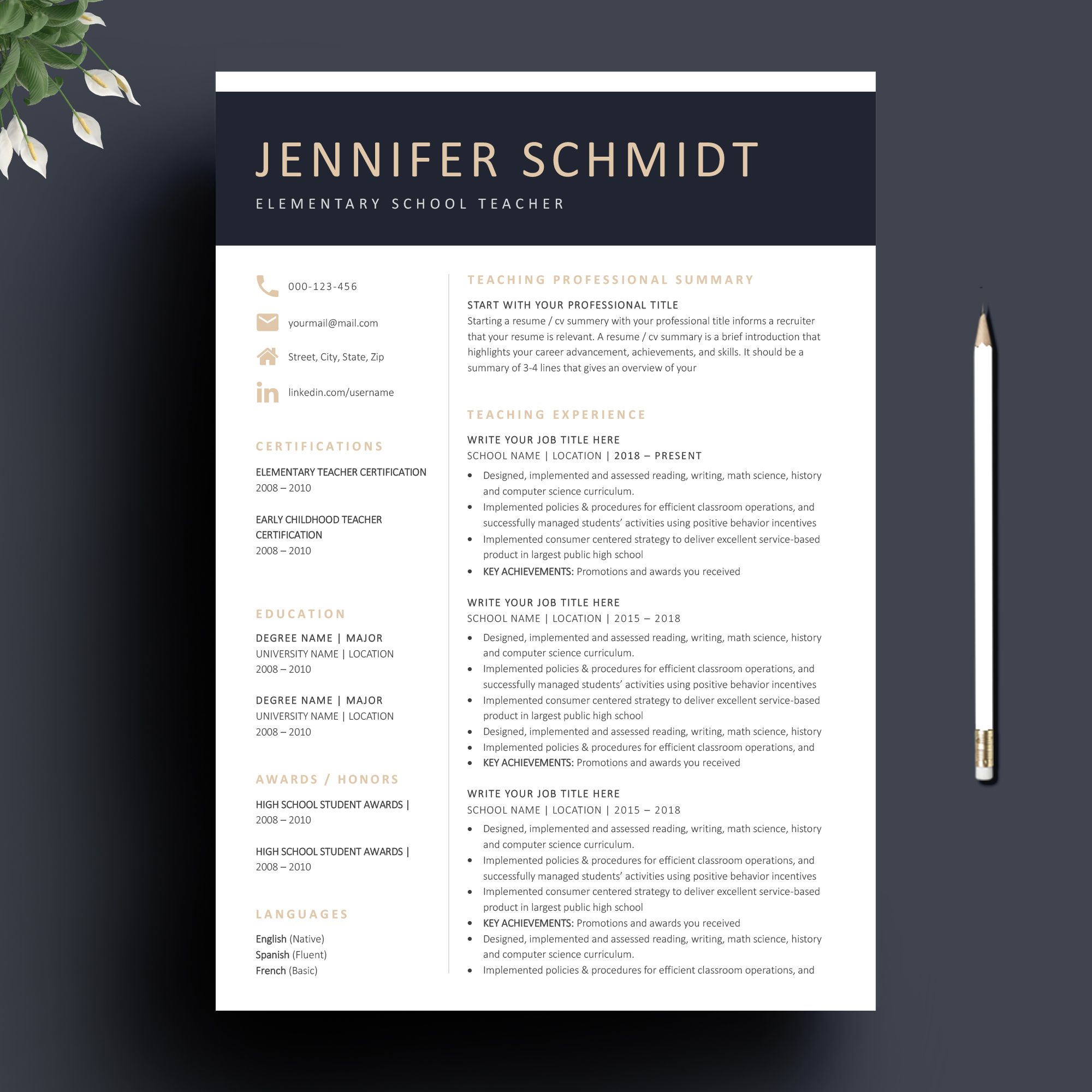 One Page Teacher Resume Template for MS Word