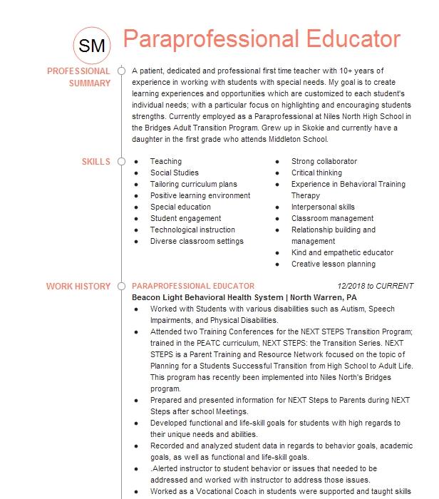 Paraprofessional Educator Resume Example Department Of Defense ...