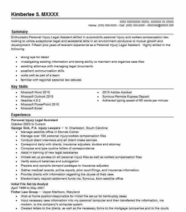Personal Injury Legal Assistant Resume Sample