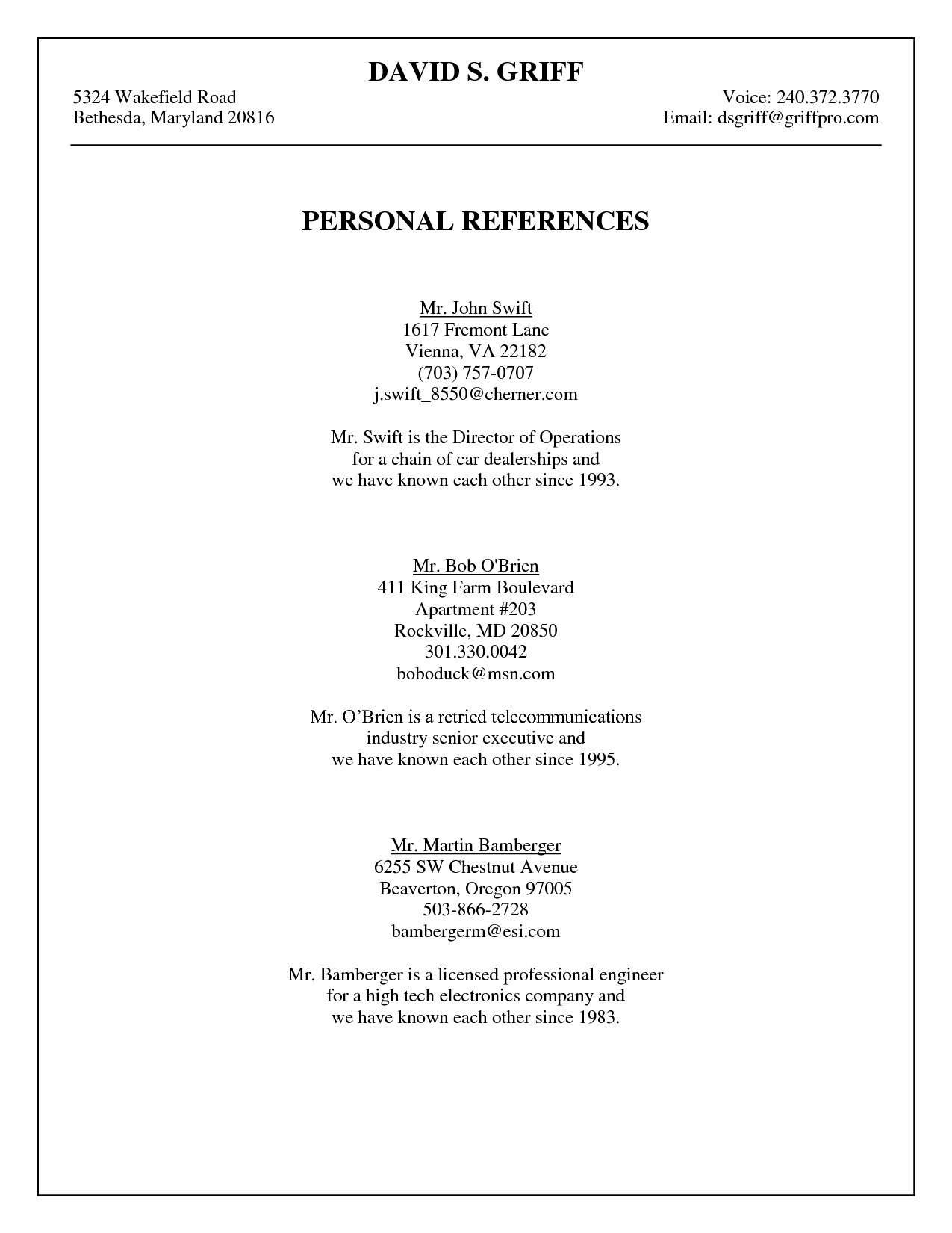 Personal Reference Template