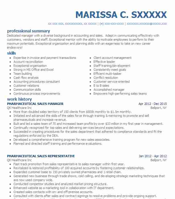 PHARMACEUTICAL SALES MANAGER Resume Example QK Healthcare Inc ...
