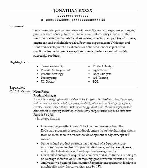 Product Manager Resume Example Company Name
