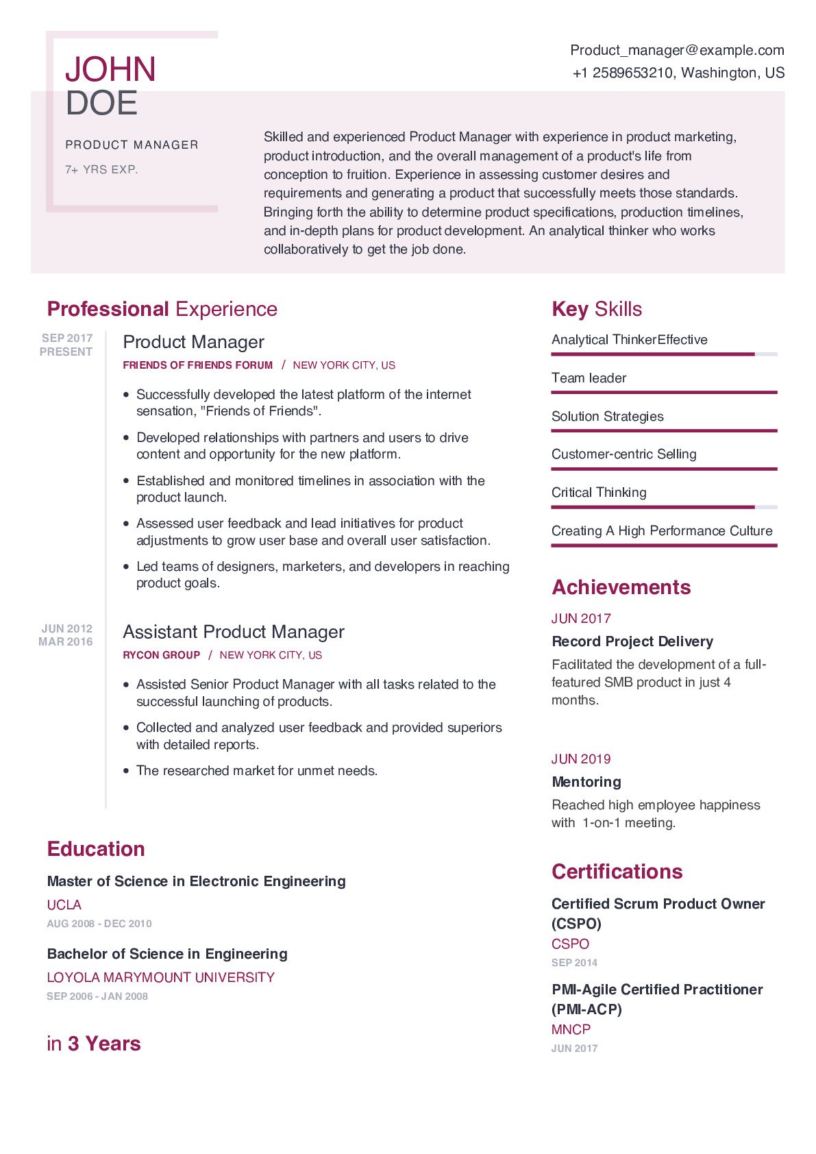 Product Manager Resume Example With Content Sample