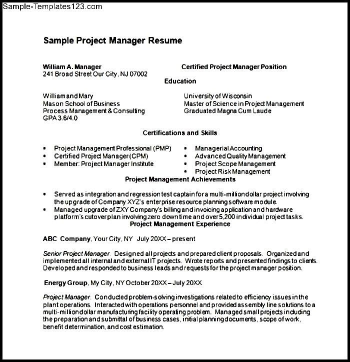 Project Manager Resume Template Word