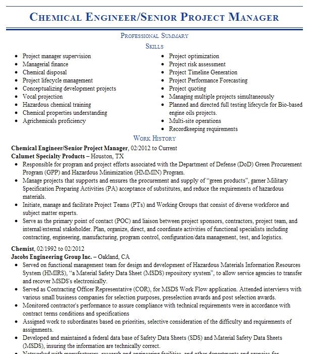Project Manager / Senior Chemical Engineer Resume Example Calpine ...