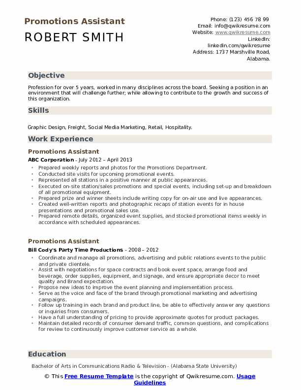 Promotions Assistant Resume Samples