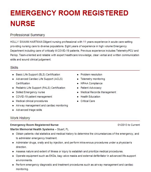 Registered Nurse (RN) Emergency Room Resume Example Maimonides Medical ...