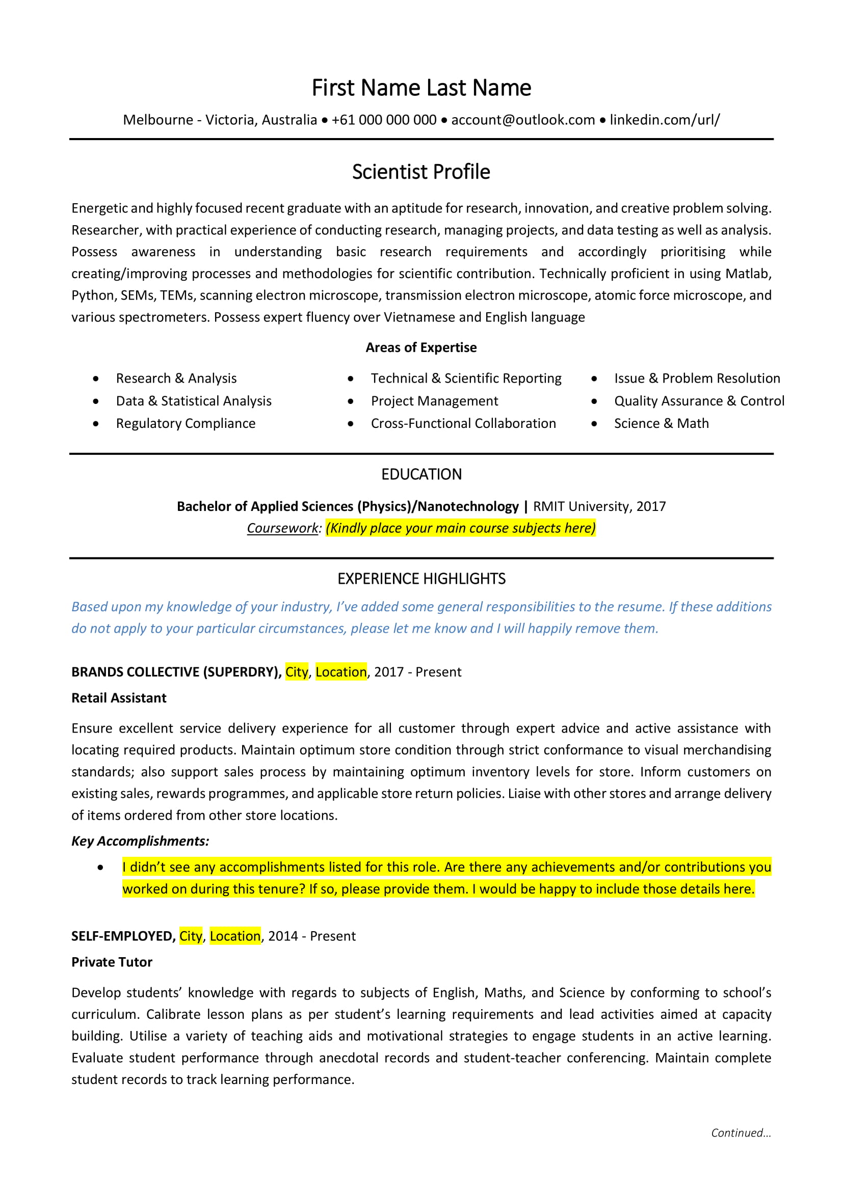 Research and Analysis Resume Sample