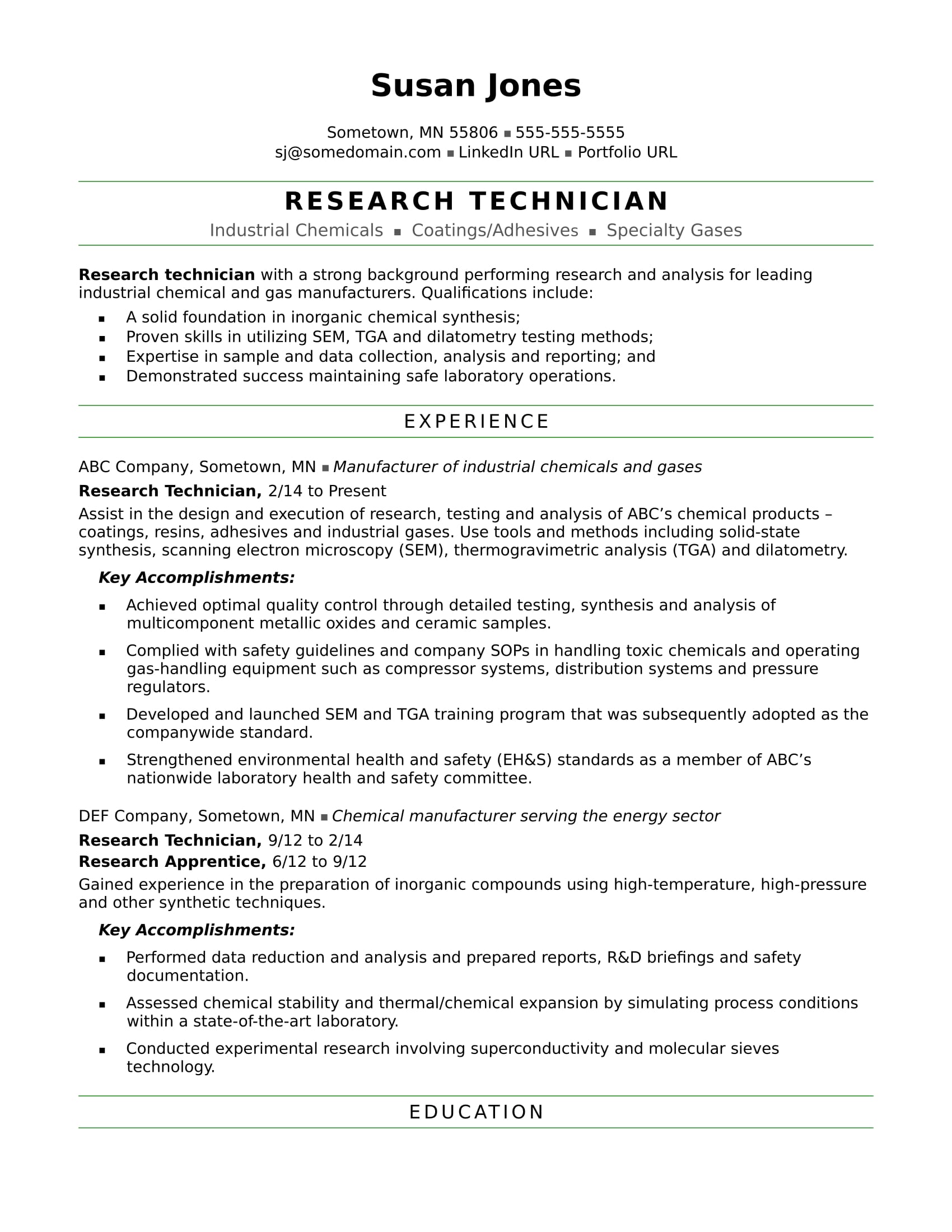 Research Technician Resume Sample