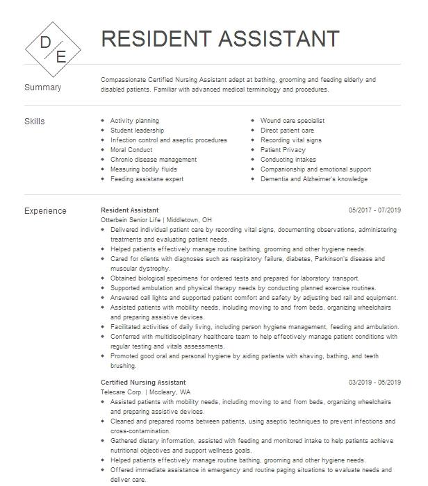 Resident Assistant Resume Example Harmony Assisted Living