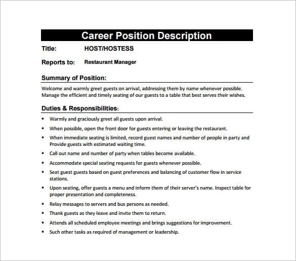 Restaurant Hostess Job Description Resume