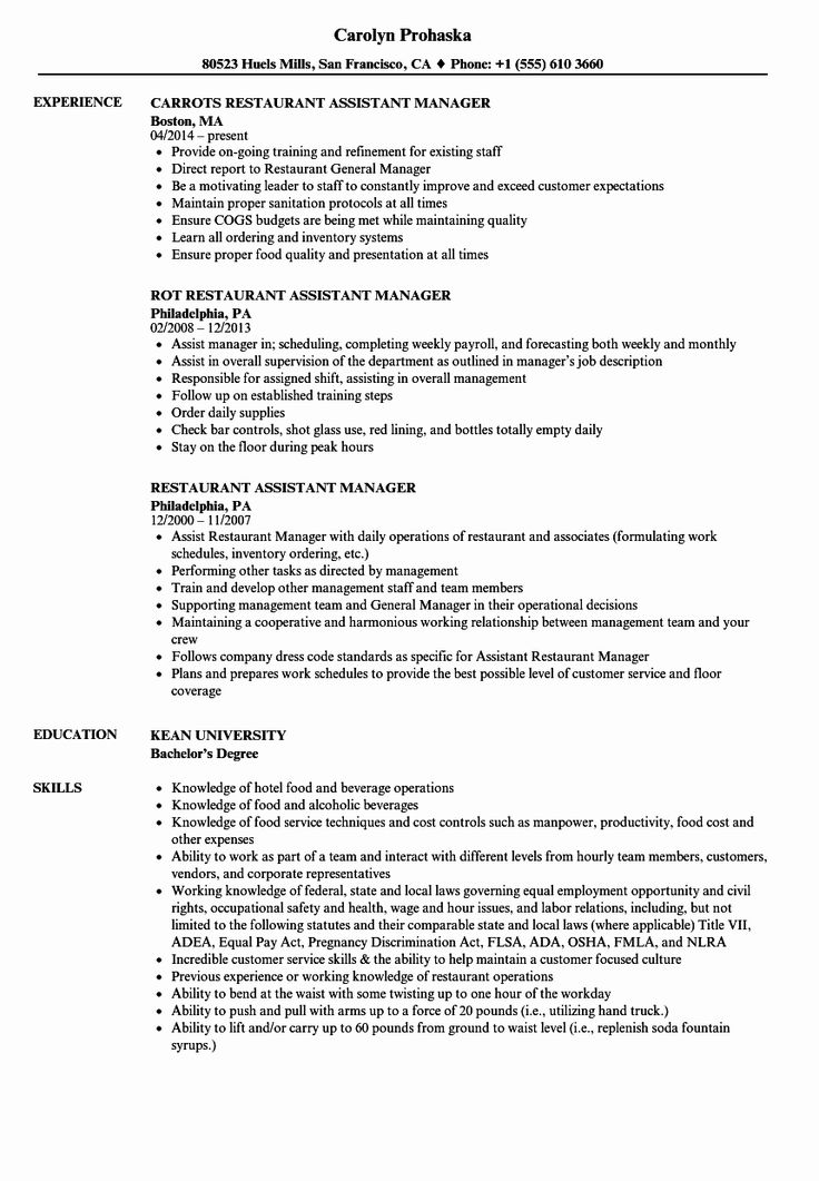 Restaurant Manager Resume Examples New Restaurant assistant Manager ...