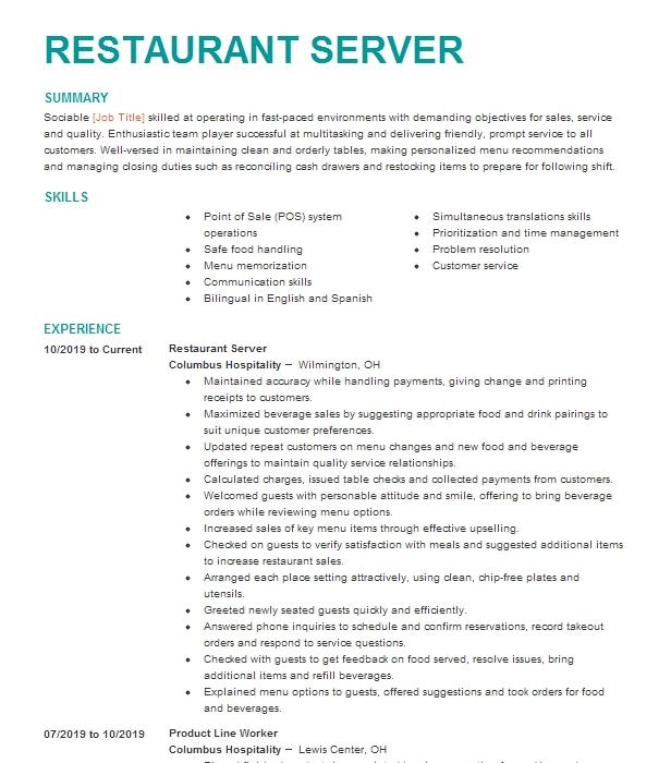 Restaurant Server Resume Example Donnie