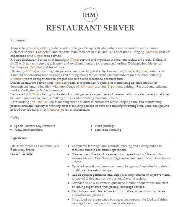 Restaurant Server/Cashier Resume Example Boston Market