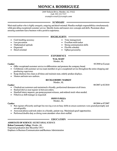 Resume Cashier Examples