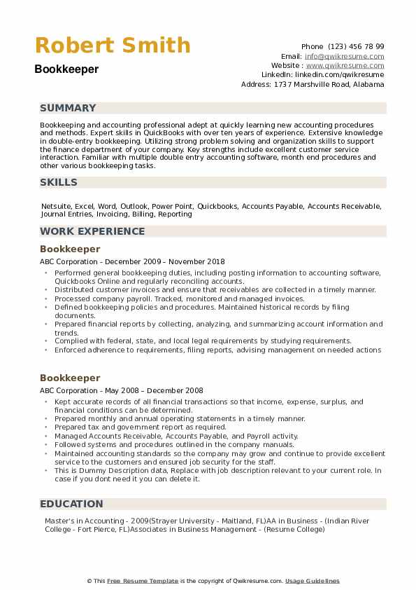 Resume Examples For Bookkeeper