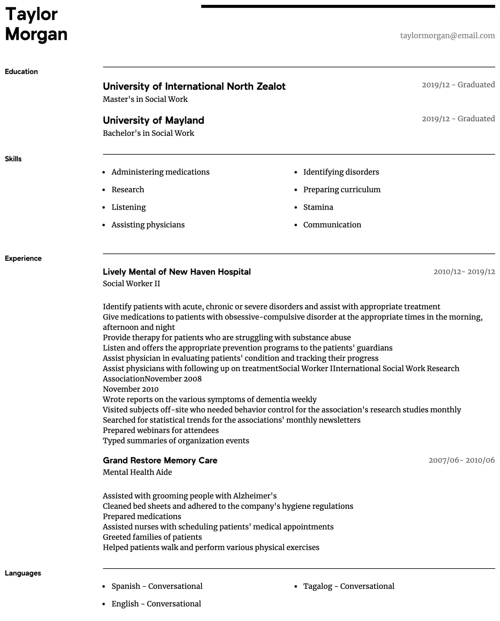 Resume Examples For Social Workers