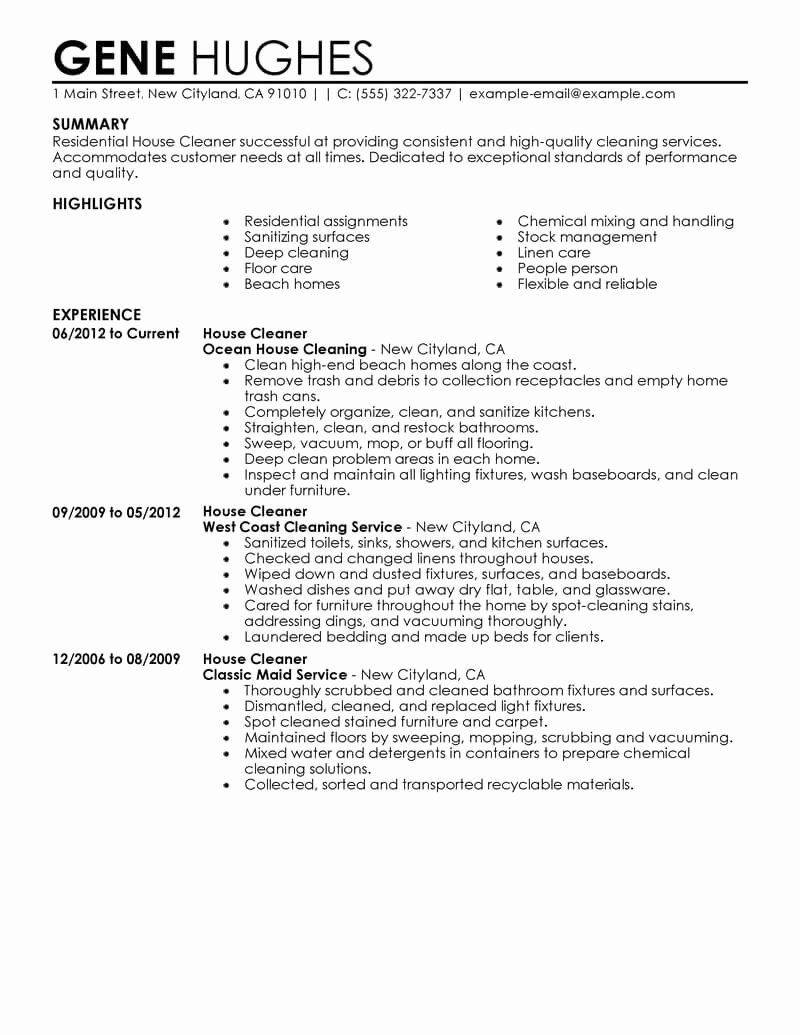 Resume for Cleaning Job Beautiful Best Residential House Cleaner Resume ...