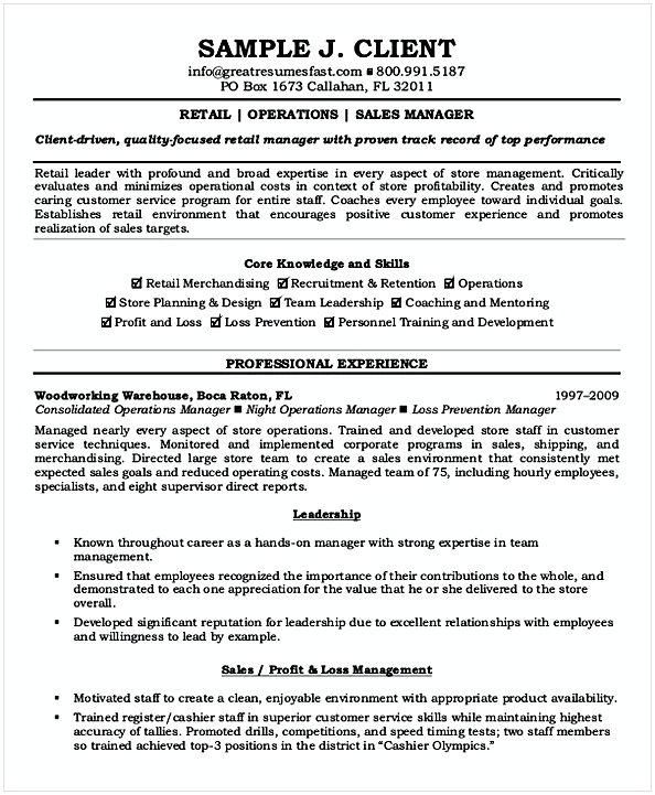 Resume for Manager Position