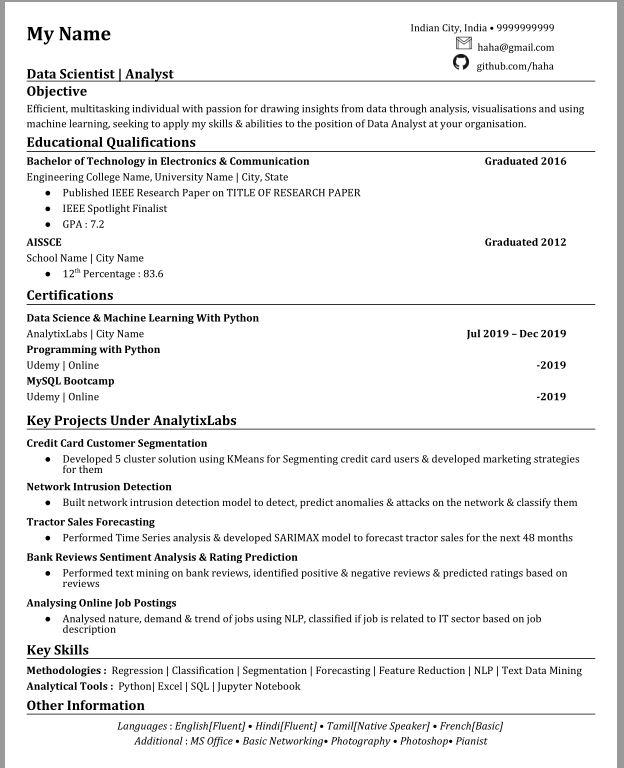 Resume for the post of Data Analyst with no domain experience. I feel ...
