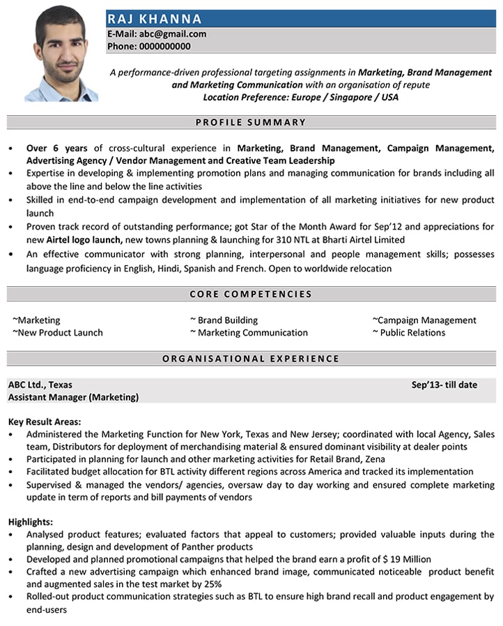 Resume Format For Sales And Marketing Manager In India : Use These ...