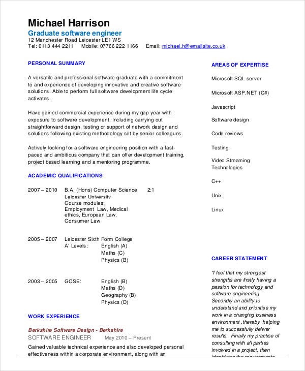 Resume Format Of Experienced Software Engineer