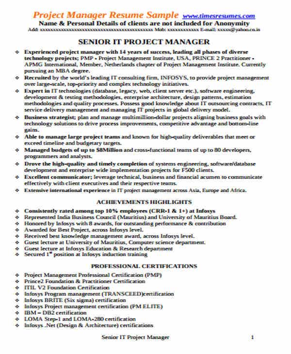 Resume Itil Certification : Senior Project Manager Resume Template ...