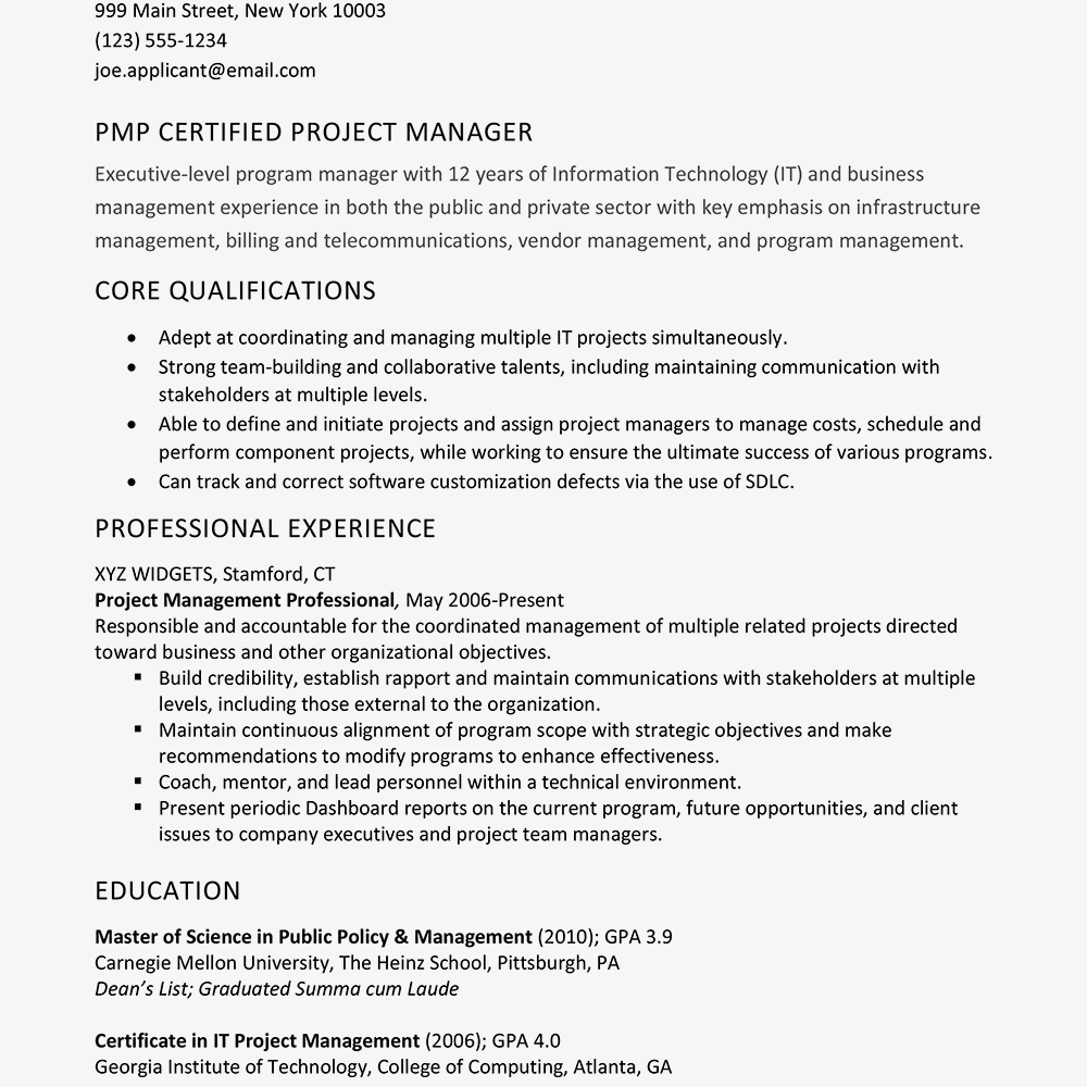 Resume Sample for a PMP Certified Project Manager